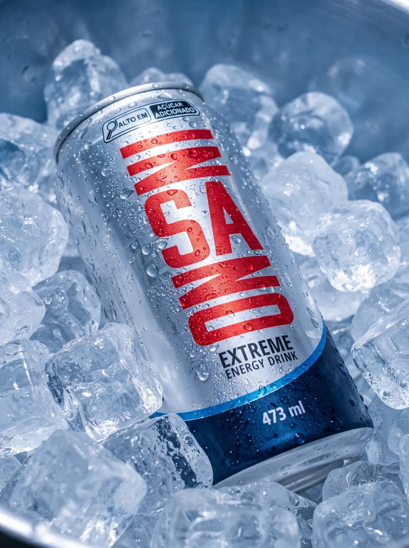 Lata Insano de 473 mL em destaque entre cubos de gelo